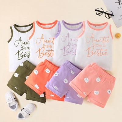 Super Cute Infants Letter Print Clothing Set - Sleeveless Top & Bear Shorts 2PC for Boys & Girls 70-100cm