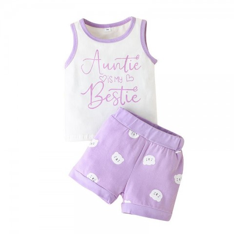 Super Cute Infants Letter Print Clothing Set - Sleeveless Top & Bear Shorts 2PC for Boys & Girls 70-100cm