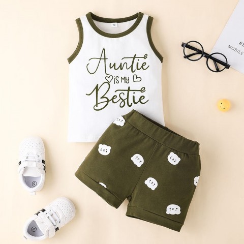 Super Cute Infants Letter Print Clothing Set - Sleeveless Top & Bear Shorts 2PC for Boys & Girls 70-100cm