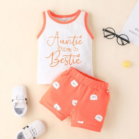 Super Cute Infants Letter Print Clothing Set - Sleeveless Top & Bear Shorts 2PC for Boys & Girls 70-100cm