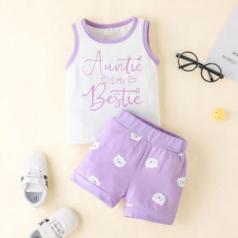 Super Cute Infants Letter Print Clothing Set - Sleeveless Top & Bear Shorts 2PC for Boys & Girls 70-100cm