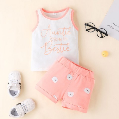 Super Cute Infants Letter Print Clothing Set - Sleeveless Top & Bear Shorts 2PC for Boys & Girls 70-100cm