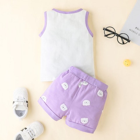 Super Cute Infants Letter Print Clothing Set - Sleeveless Top & Bear Shorts 2PC for Boys & Girls 70-100cm