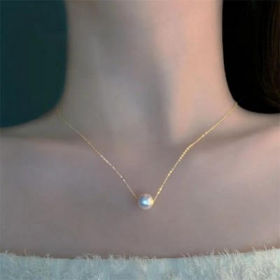 18K Yellow Gold Freshwater Pearl Pendant Necklace for Women, AU750, Preppy Style