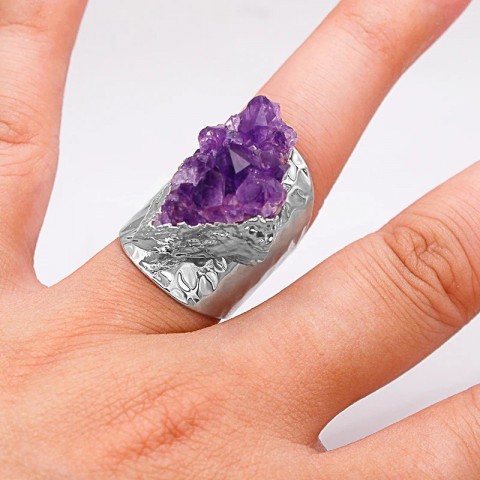 Irregular Amethyst Cluster Ring by Wedding Bands for Women, Purple Gemstone Cowboy Style