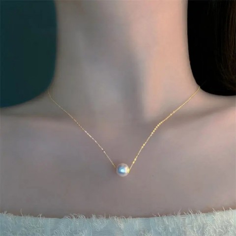18K Yellow Gold Freshwater Pearl Pendant Necklace for Women, AU750, Preppy Style
