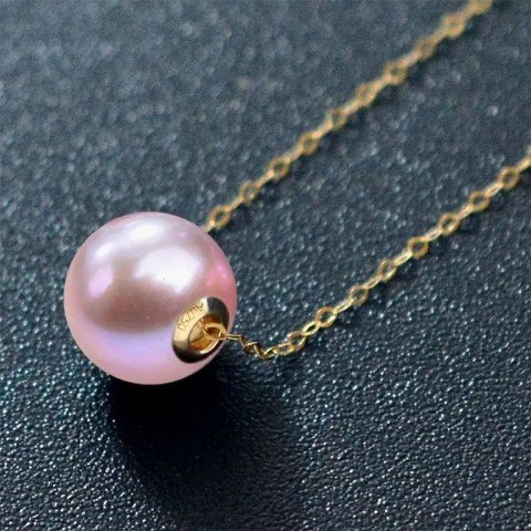 18K Yellow Gold Freshwater Pearl Pendant Necklace for Women, AU750, Preppy Style