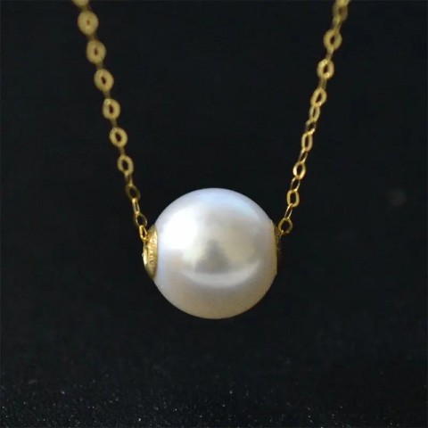 18K Yellow Gold Freshwater Pearl Pendant Necklace for Women, AU750, Preppy Style