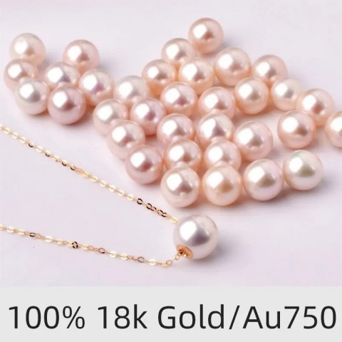 18K Yellow Gold Freshwater Pearl Pendant Necklace for Women, AU750, Preppy Style
