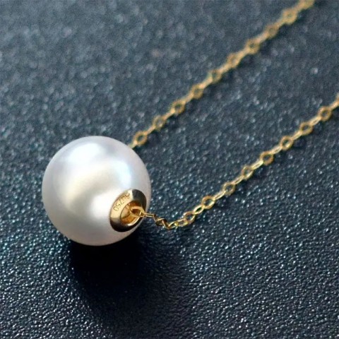 18K Yellow Gold Freshwater Pearl Pendant Necklace for Women, AU750, Preppy Style