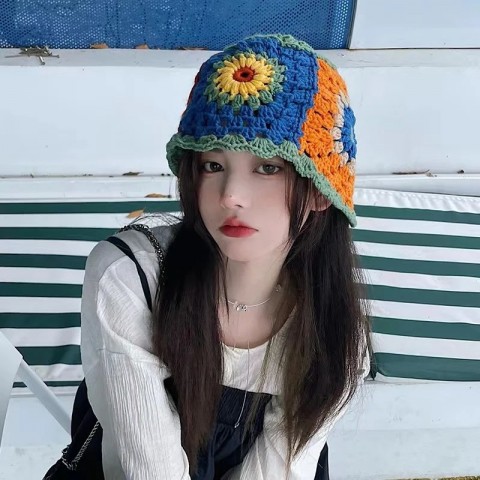 Korean Handmade Crochet Bucket Hat for Women - Y2K Hollow Flower Design
