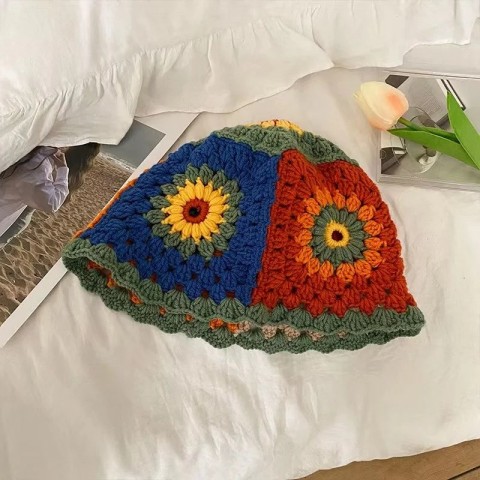 Korean Handmade Crochet Bucket Hat for Women - Y2K Hollow Flower Design