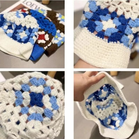 Korean Handmade Crochet Bucket Hat for Women - Y2K Hollow Flower Design