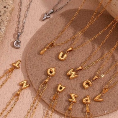 E.B.belle Women's Pendant Necklace with Mini Bubble Letters, 18K Gold Plated, Stainless Steel
