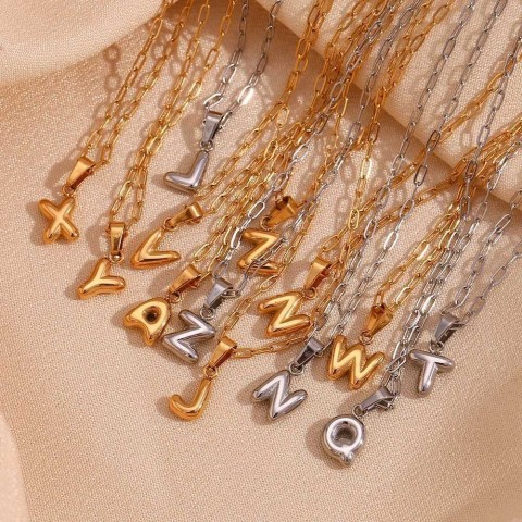 E.B.belle Women's Pendant Necklace with Mini Bubble Letters, 18K Gold Plated, Stainless Steel