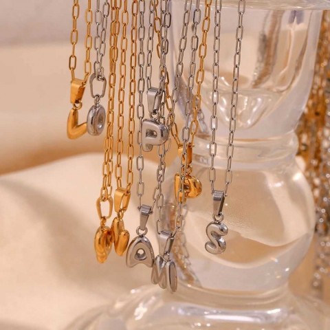 E.B.belle Women's Pendant Necklace with Mini Bubble Letters, 18K Gold Plated, Stainless Steel