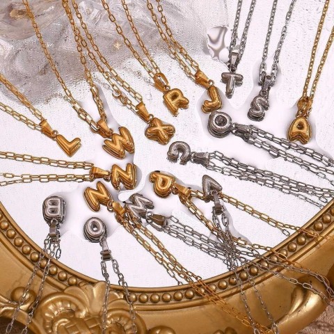 E.B.belle Women's Pendant Necklace with Mini Bubble Letters, 18K Gold Plated, Stainless Steel