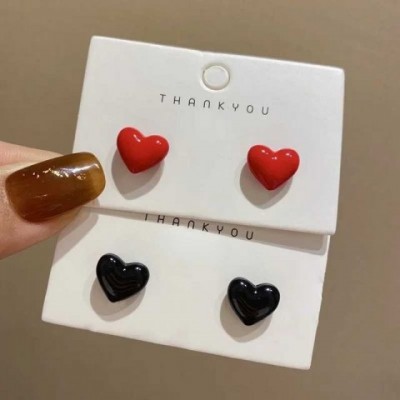 Cute Bohemian Heart-Shaped Earrings for Girls - Red & Black Simple Metal Ear Cuffs W240803
