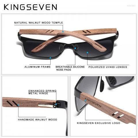 KINGSEVEN Wood Aluminum Frame UV400 Polarized Sunglasses for Men Women