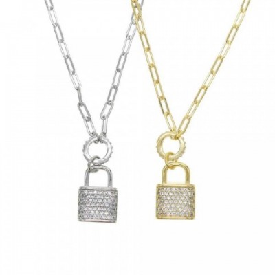 925 Sterling Silver Lock Shaped Pendant Necklace for Women, Full Cubic Zirconia, Exquisite Jewelry