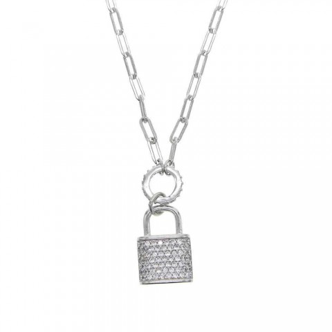 925 Sterling Silver Lock Shaped Pendant Necklace for Women, Full Cubic Zirconia, Exquisite Jewelry