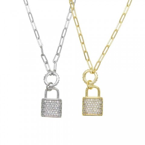 925 Sterling Silver Lock Shaped Pendant Necklace for Women, Full Cubic Zirconia, Exquisite Jewelry