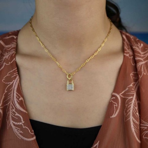 925 Sterling Silver Lock Shaped Pendant Necklace for Women, Full Cubic Zirconia, Exquisite Jewelry