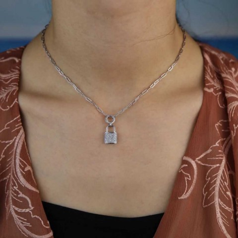 925 Sterling Silver Lock Shaped Pendant Necklace for Women, Full Cubic Zirconia, Exquisite Jewelry