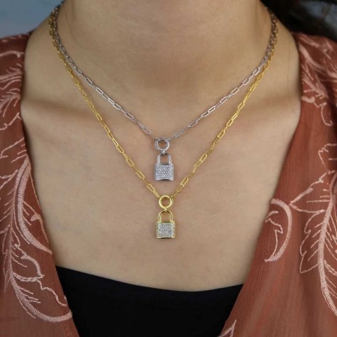 925 Sterling Silver Lock Shaped Pendant Necklace for Women, Full Cubic Zirconia, Exquisite Jewelry