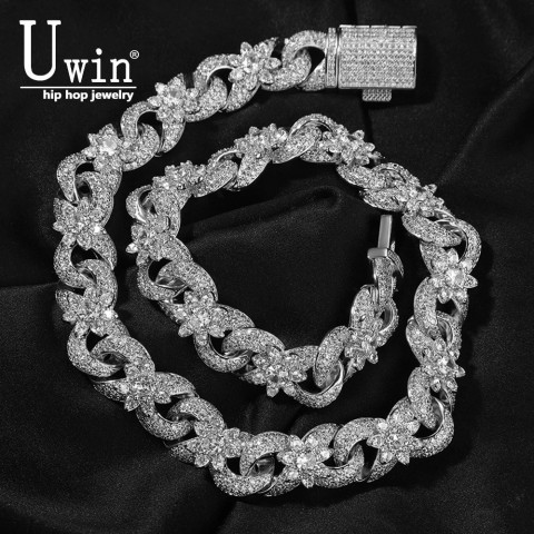 Uwin Flower Infinity Cuban Chain Necklace with Ice Sparkling Cubic Zirconia for Women