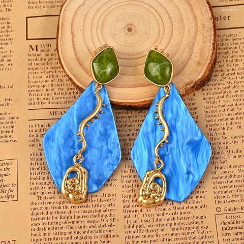 Dangle Chandelier Earrings, Medieval Blue Quadrilateral, Fashion Exaggerated Clip Earrings for Women