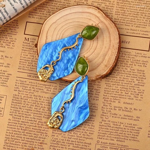 Dangle Chandelier Earrings, Medieval Blue Quadrilateral, Fashion Exaggerated Clip Earrings for Women