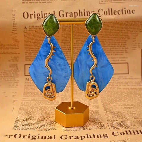 Dangle Chandelier Earrings, Medieval Blue Quadrilateral, Fashion Exaggerated Clip Earrings for Women