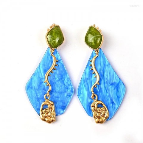 Dangle Chandelier Earrings, Medieval Blue Quadrilateral, Fashion Exaggerated Clip Earrings for Women