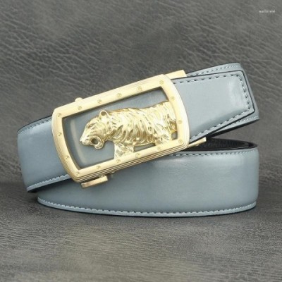 Tiger Automatic Buckle Men's Fashion Belt - Light Gray Genuine Leather Z273