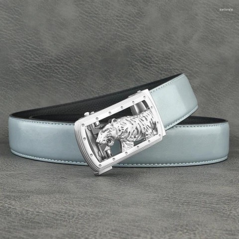 Tiger Automatic Buckle Men's Fashion Belt - Light Gray Genuine Leather Z273