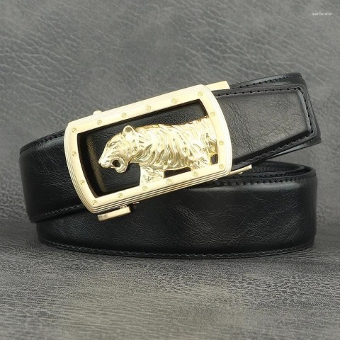 Tiger Automatic Buckle Men's Fashion Belt - Light Gray Genuine Leather Z273