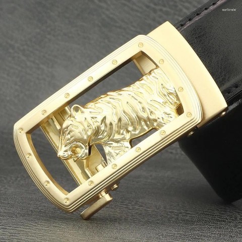 Tiger Automatic Buckle Men's Fashion Belt - Light Gray Genuine Leather Z273