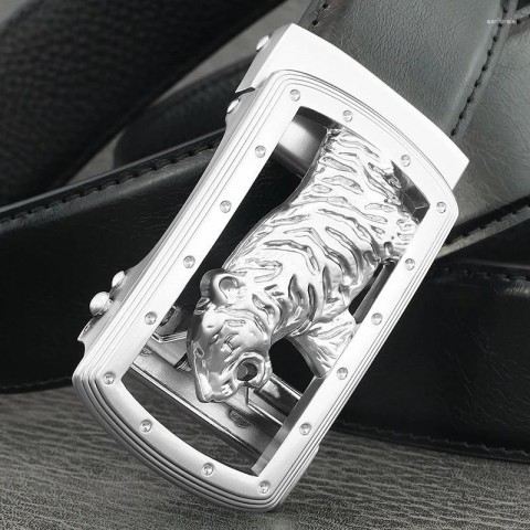 Tiger Automatic Buckle Men's Fashion Belt - Light Gray Genuine Leather Z273