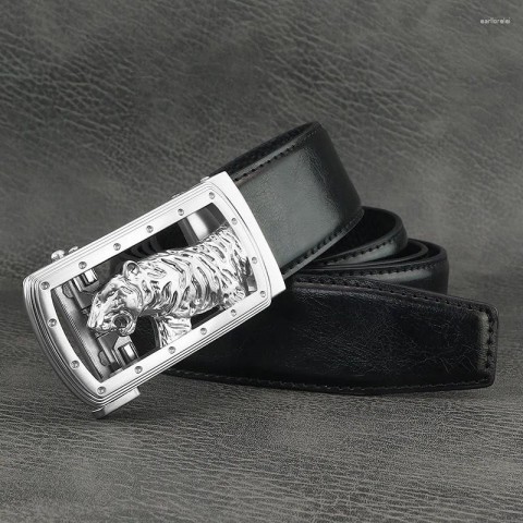 Tiger Automatic Buckle Men's Fashion Belt - Light Gray Genuine Leather Z273