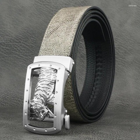 Tiger Automatic Buckle Men's Fashion Belt - Light Gray Genuine Leather Z273