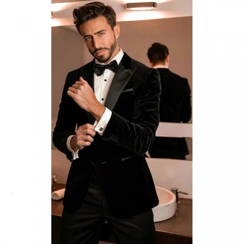 Elegant Black Velvet Men's 2-Piece Wedding Suit Set 241028