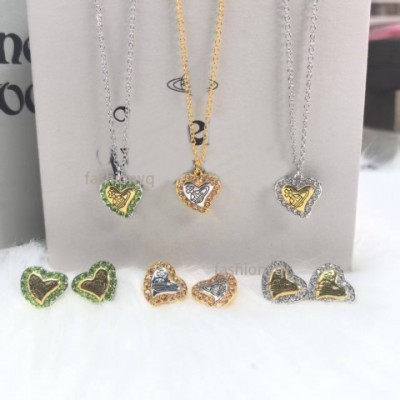 Vvan Women's Heart-shaped Gold Plated Pendant Necklace Earrings Set