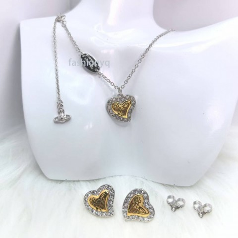 Vvan Women's Heart-shaped Gold Plated Pendant Necklace Earrings Set