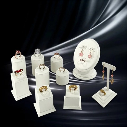 White Leather Jewelry Display Stand for Rings, Earrings & Necklaces - Store Showcase Rack 250422