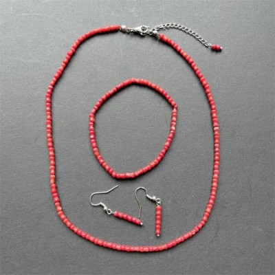 Bridal Unisex Bamboo Bone Red Coral Jewelry Set - Sterling Silver Necklace Earrings Bracelet