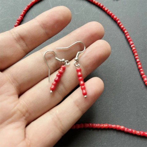 Bridal Unisex Bamboo Bone Red Coral Jewelry Set - Sterling Silver Necklace Earrings Bracelet