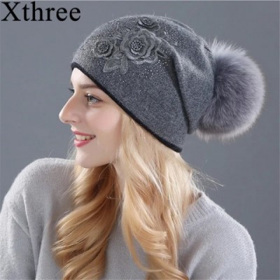 Xthree Shiny Rhinestone Women's Cashmere Wool Beanie Hat with Fur Pom