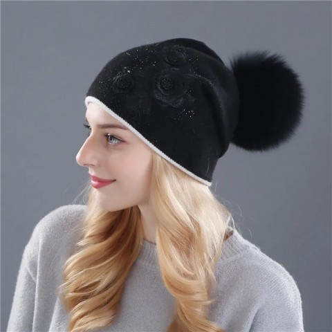 Xthree Shiny Rhinestone Women's Cashmere Wool Beanie Hat with Fur Pom
