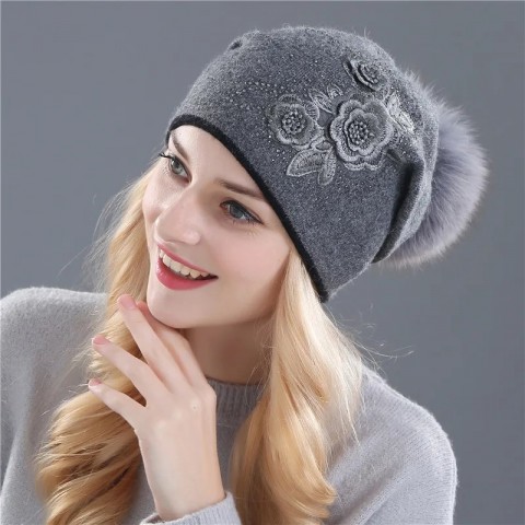 Xthree Shiny Rhinestone Women's Cashmere Wool Beanie Hat with Fur Pom